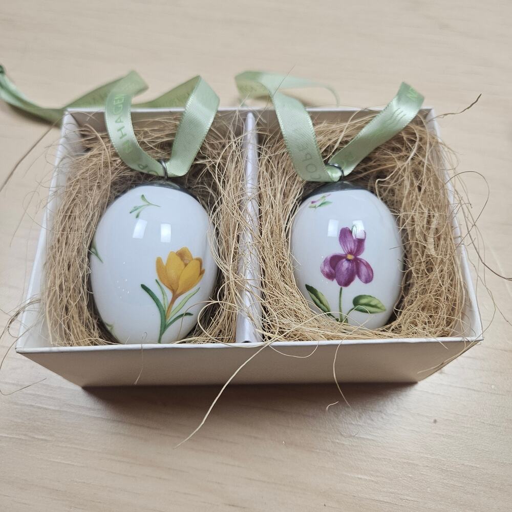 Pair Royal Copenhagen Easter Egg Ornaments 2007 Yellow Crocus Purple Violet NIB